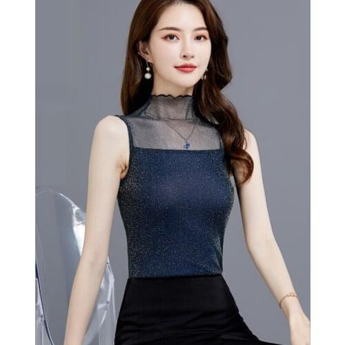 Korean Fashion Mesh Tank Top Women Lace Office Lady Tank Top Beads Solid Plus Size XXXL Black Sleeveless Clothing for Women