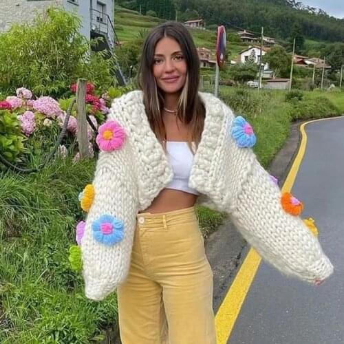 Foridol Hand Made Knitted Thick Winter Sweater Cardigans Vintage Flower Short Cardigan 2021 New Harajuku Femme Sweater Jumper