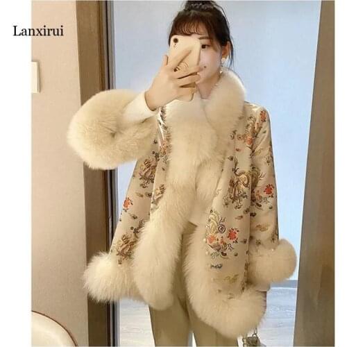 Womens Winter Warm Faux Fur Parka Jacket Female Down Cotton Coat With Fox Fur Collar Embroidery Flowers Coats Jackets Overcoat