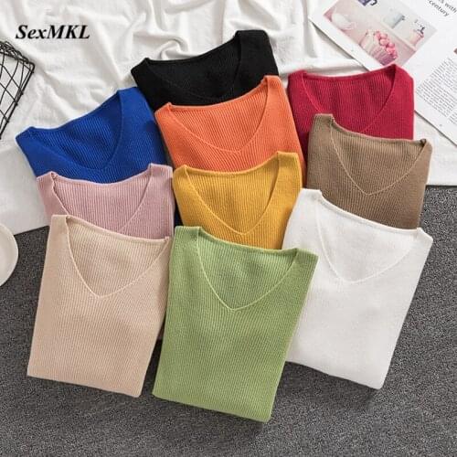 Women Causal Autumn Winter Sweaters 2020 Fashion V Neck Knitted White Pullovers Korean Clothes Sexy Black Pink Basic Sweater