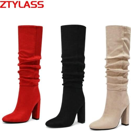 Plus Size Womens Shoes Faux Suede Slip On Knee High Boots Square High Heel Pleated Ladies Long Boots Round Autumn Winter Shoes
