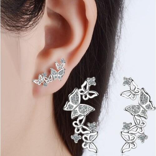 925 Sterling Silver Stud Earring Crystal Butterfly Earrings For Women Rose Gold Korea Jewelry 2020 New