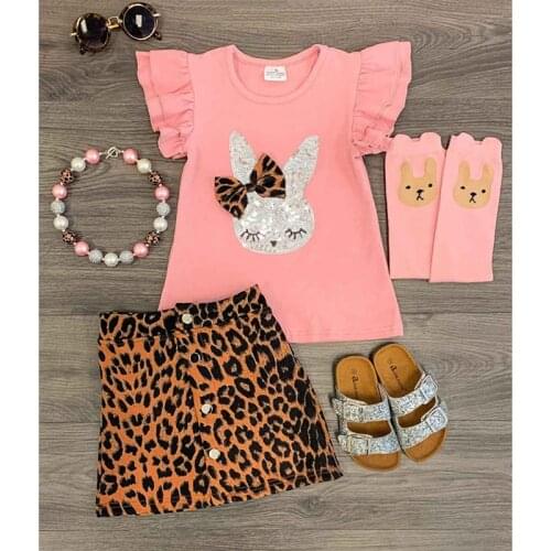2021 new Kids Baby Girls Sleeveless Rabbit Pink Tops Leopard Shorts Skirts Sister 2Pcs Girls Fashion Clothing Sets
