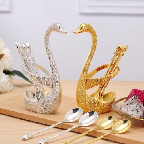304 Stainless Steel Fruit Cake Coffee Tea Spoon Swan Holder Cutlery Set 1*Dining Table+ 6*spoons/fork