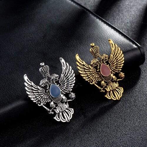High-End Retro Wings Double-Headed Eagle Badge Brooch European and American Punk Crown Key Suit Pin Accessories