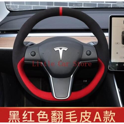 DIY Suede Leather Steering Wheel Cover Fo Tesla Model 3 Model Y Interior Accessories Stitch On Wrap
