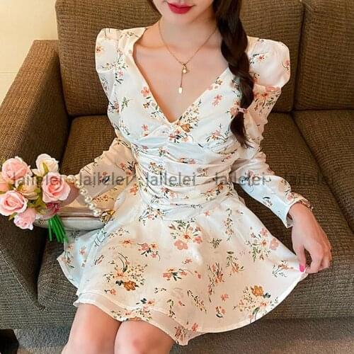 Floral Puff Long Sleeve Dress V Neck Mini A-Line White Dresses For Women Party Spring 2021 Vintage Plus Size Women Korean Jurken