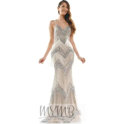 MYMB Dubai Exclusive Formal Dresses Evening Gown Straps Spaghetti Design Crystal Handmade Fitted Bodice Tassell Prom Party Gowns