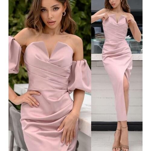 Elegant Long V-Neck Pink Evening Dresses with Slit Bodycon Ankle Length Lace Up Back Satin Pleated Formal Party Dress for Women
