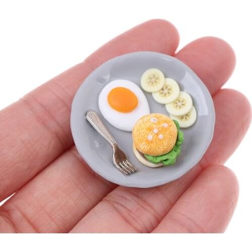 1:12 Scale Hamburger Egg Dish with Tray Miniature Breakfast Set Dollhouse Kitchen Food Accessories