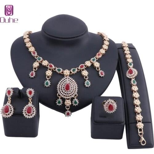African Jewelry Set Gold Color Colorful Zircon Austrian Crystal Women Wedding Necklace Bracelet Earring Ring Jewelry Set