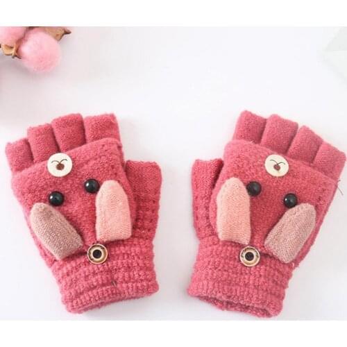 Lovely Solid Color Winter Soft Warm Kids Boys Girls Cartoon Dog Flip Top Knit Half Finger Gloves Mittens Christmas Gift