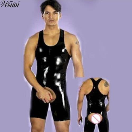 Male PU Leather Catsuit Black Thick PVC Latex Bodysuits Men Sexy Bodycon Open Crotch Zipper Jumpsuit Clubwear Game Uniforms