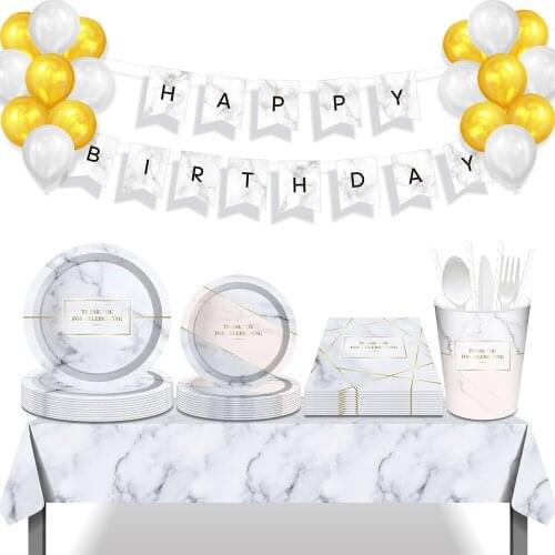 White Marble Stone Design Thanksgiving Theme Happy Birthday Party Disposable Tableware Sets Plates Cups Napkins Party Table Sets
