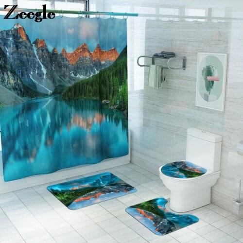 Printed Scenic Bath Mat and Shower Curtain Set Flannel Toilet Seat Cover Mat Bathroom Carpet Shower Room Foot Mat Floor Mat