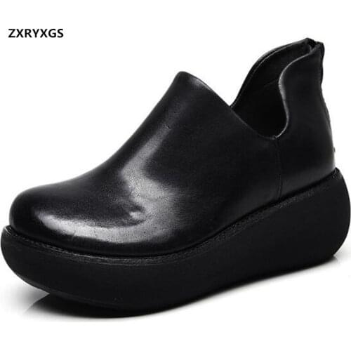 New Autumn Top Cowhide Thick Sole Platform Shoes Wedges High Heel Shoes Womens Casual All-match Trend Shoes Winter Warm Shoes