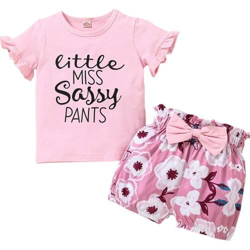OPPERIAYA Kids Baby Girls Fashion 2-piece Summer Outfit Set Short Sleeve Letter Print T-shirts bow Floral Print Shorts Set