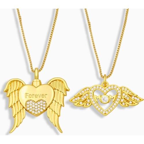 FLOLA Gold Chain Heart Mom Necklace For Women CZ Pave Rhinestone Angel Wings Pendant Necklace Wholesale Jewelry Gifts nkev25