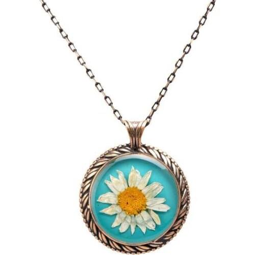 Flower Daisy Hand Job Authentic Resin Necklace Cevşen (1771-1)