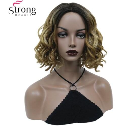 StrongBeauty Synthetic Lace Wig Hair Black Root Ombre Hair Medium Curly Natural Wigs For Women