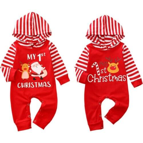 2020 New 2Styles 0-12M Newborn Boys Girls Christmas Jumpsuits Long Sleeve Hooded Neck Stripe Cartoon Long Romper Overall Clothes