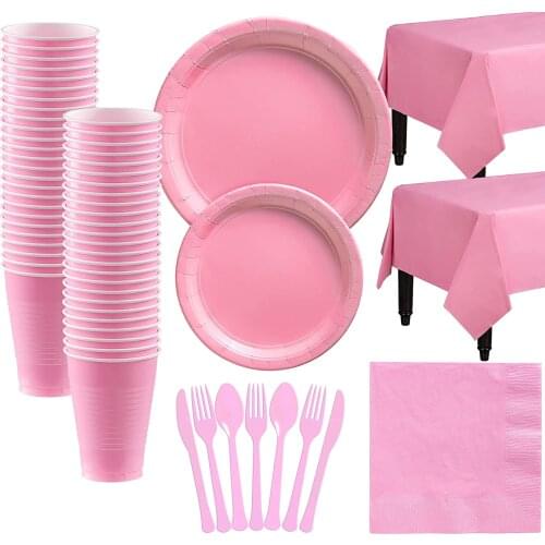 Pink Plastic Tableware Party Supplies Set Plates Cups Table Cover Napkin Disposable Birthday Dinnerware Decoration Anniversary