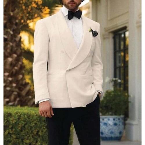 Italian Style Ivory And Black Groom Tuxedos Custom Made Mens Wedding Suits Groomsman Attire (Jacket+Pants)