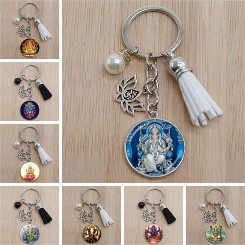Elephant Head Buddha Keychain Indian Elephant Lord Lotus Meditation Spirituality Glass Pendant Keychain Car Bag Accessories