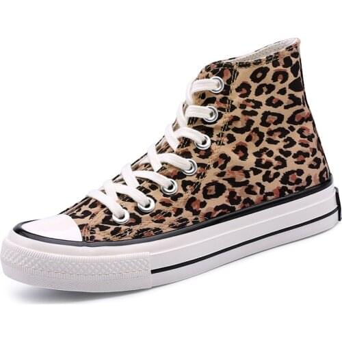 High-top Womens Casual Flat Shoes Leopard Pattern Harajuku Female Canvas Shoessummer Breathable Flats