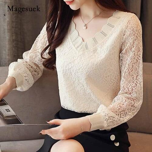 Long Sleeve V-neck Women Tops 2021 Autumn Korean Style Casual Lace Women Blouses Versatile Elegant Women Clothing Blusas 5958