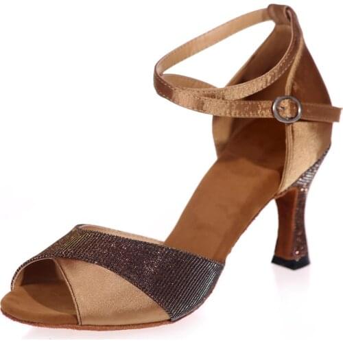 Lady latin dance shoes glitter with satin girls ballroom professional Salsa tango party dancing sandals 7.5cm heels classic