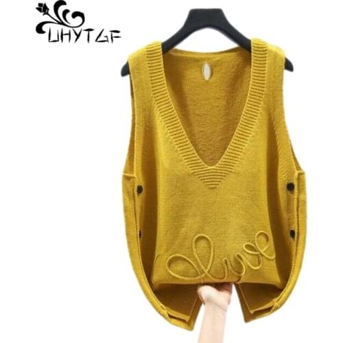 UHYTGF Womens Knitted Sweater Vest Waistcoat Side Buttons Casual Pullover Plus Size Coat Female Sleeveless Autumn Top Lady 1990
