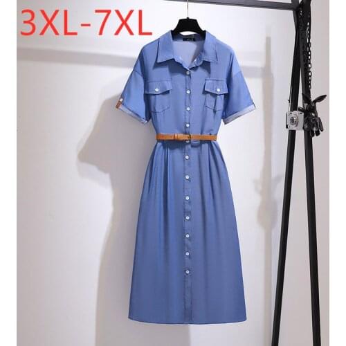 New 2021 Ladies Summer Plus Size Shirt Dress For Women Large Short Sleeve Blue Pocket Button Belt Long Dress 3XL 4XL 5XL 6XL 7XL