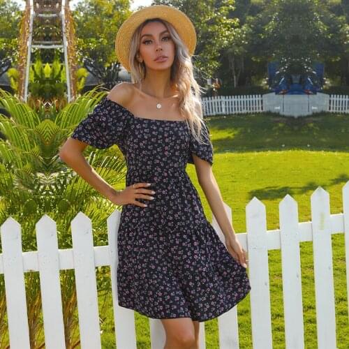 Elegant 2021 New Summer Dress Women Short Puff Sleeve Square Collar Ladies Mini Black Floral Dress Clothing