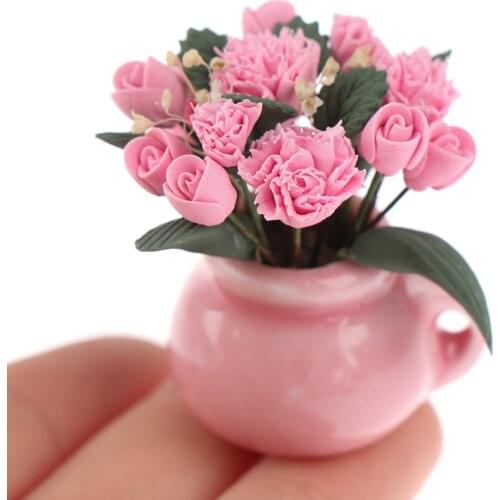 1:12 Dollhouse Miniature Carnation Potted Plant Flowers Pot Simulation Pink Carnation Flower Model For Dollhouse Decoration New