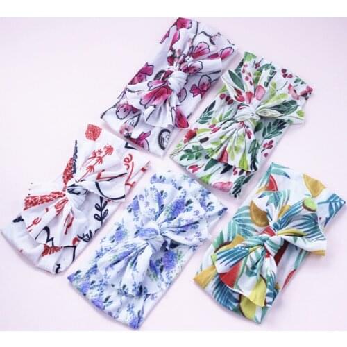 5pcs/lot Knot Bows Wide Nylon Headbands,All Full Flowers Prints Knot Bow Nylon Hairbands,Newborn Baby Girls Stretchy Headwraps