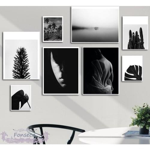 Abstract Black White Plant Sexy Women Poster Cactus Palm Tree Monstera Leaf Lake Mountain Picture Wall Art Print Canvas Painting