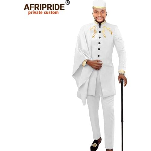 African Men Clothing for Party Wedding Dashiki Printed Coats Ankara Pants and Hat 3 Piece Set Tribal Suit Wax AFRIPRIDE A2016017