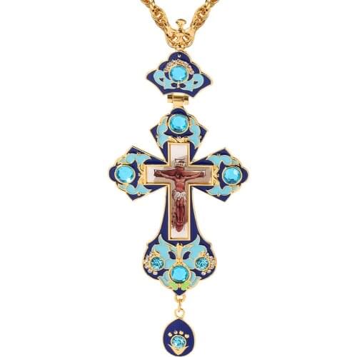 Free Shipping Orthodox Pectoral Long Chain Necklace Religious Icon Pendant Real Gold Plated Green Oil Pectoral Christmas Gifts