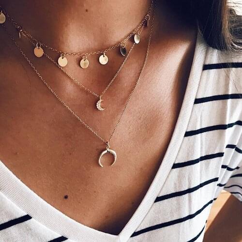 Bohemian Retro Moon Round Multilayer Gold Necklace Women Charm Clavicle Chain Party Wedding Jewelry Accessories