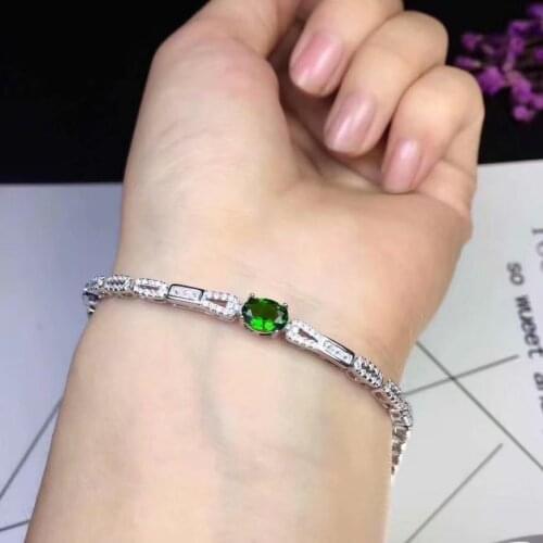 925 silver inlaid natural green diopside bracelet High-end jewelry. Birthday gift for dinner