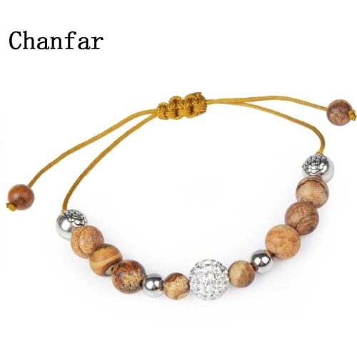 Chanfar 8mm Brown Picture Stone with Crystal Ball Bracelet of Handmade Braided Bracelet For Women gift