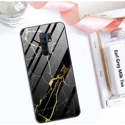 For Xiaomi Redmi 9 Plastic Glass Phone Case Black TPU Bumper Cover Tempered Glass