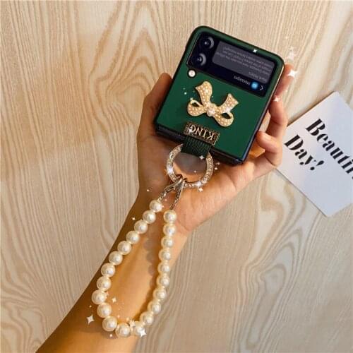 For Samsung Galaxy ZFlip 3 Case Pearl Bracelet Emerald French Bow Etui for Samsung ZFlip3 Galaxy Conque Designer Case For Zflip3