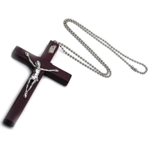 Wooden Religious Jesus Cross Necklace Christian Crucifix Pendent with Chain Jewelry Charm Gifts