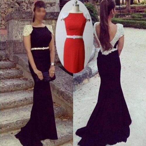 Elegant Party Mermaid Evening Dresses 2019 Cap Sleeves Pearls Black Jersey Long Backless Red Carpet Celebrity Formal Prom Gowns