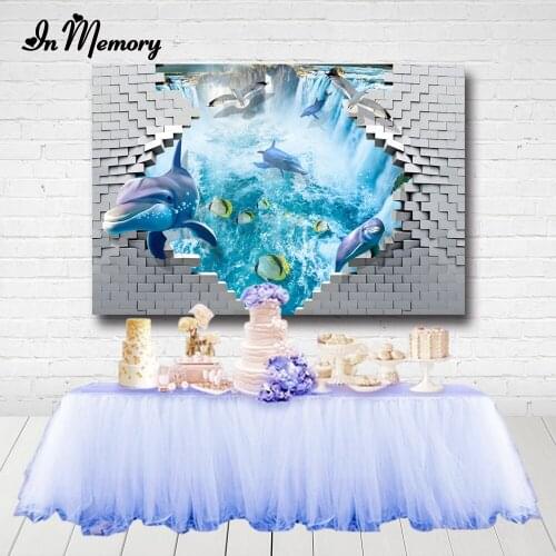InMemory Shark Party Backdrops For Photo Studio Underwater Brick Wall Boys Birthday Party Photographic Backgrounds Custom Banner