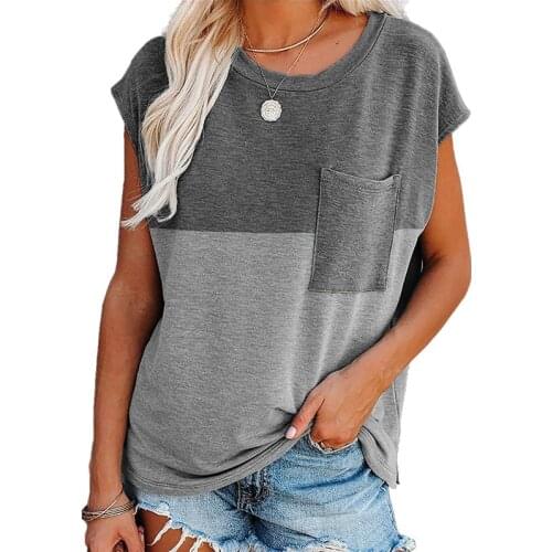 Patchwork V Neck T-shirt Short Sleeve Pocket Tops Tee Shirts Women Clothes 2021 Summer T Shirt Casual Loose Top Lady Streetwear
