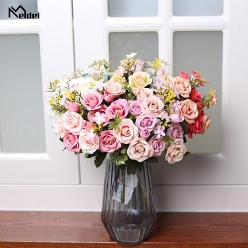 White Rose Artificial Flowers Silk Bouquet Small Rose Flores for Wedding Table Wall Decor Home Desk Accessories Fake Flowers Red