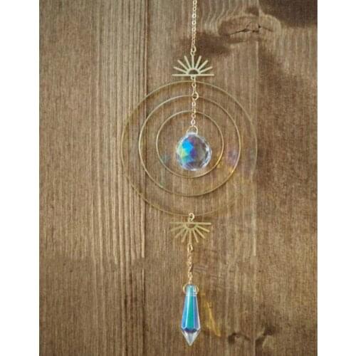 AB Crystal Sun Catcher with Brass Half Sun Rainbow Prism Light Diffuser Boho Home Decoration Fairy Decor Suncatcher Witchy Room